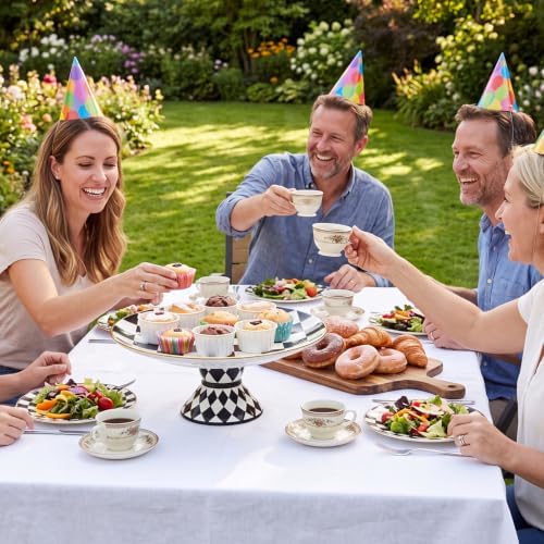 Large Ceramic Pedestal Cake Stand Checkered Platter 15.7 x 5.7 In in Black, Cream, Gold, alternate view 6