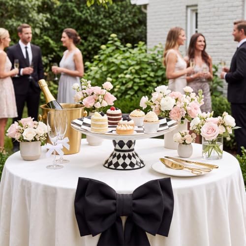 Large Ceramic Pedestal Cake Stand Checkered Platter 15.7 x 5.7 In in Black, Cream, Gold, alternate view 7