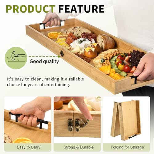 Large Charcuterie Board w/Handles, 32x12in Foldable Cheese Boards in Tan, alternate view 4
