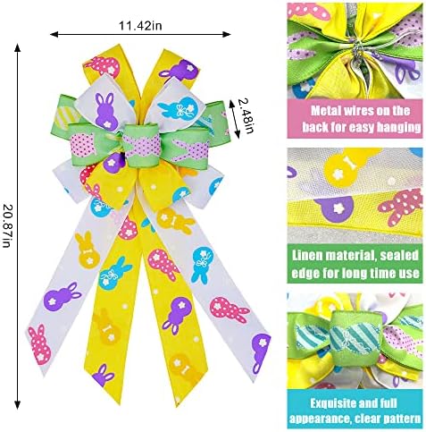 Large Easter Wreath Bows for Front Door Decorations, White Green Yellow Burlap Bow Easter Bunny Rabbits, alternate view 2