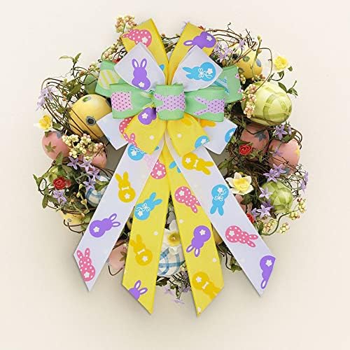 Large Easter Wreath Bows for Front Door Decorations, White Green Yellow Burlap Bow Easter Bunny Rabbits, alternate view 3