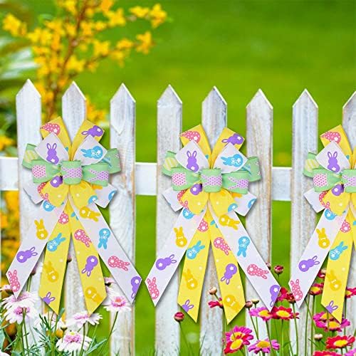 Large Easter Wreath Bows for Front Door Decorations, White Green Yellow Burlap Bow Easter Bunny Rabbits, alternate view 4