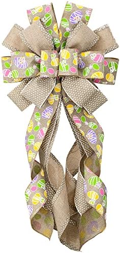 Large Easter Wreath Bows for Front Door, Flaxen Burlap Bows Easter Eggs Bow Holiday Spring Tree Topper Bows for