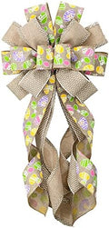 Large Easter Wreath Bows for Front Door, Flaxen Burlap Bows Easter Eggs Bow Holiday Spring Tree Topper Bows for