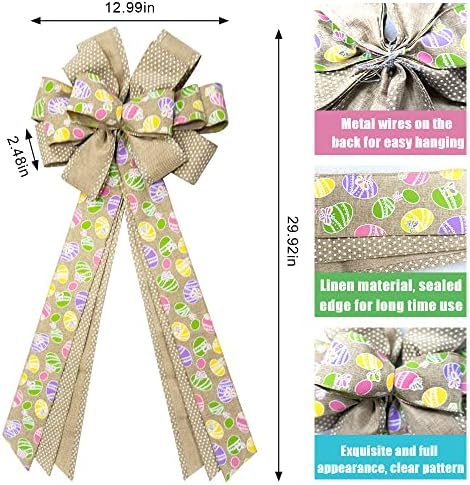 Large Easter Wreath Bows for Front Door, Flaxen Burlap Bows Easter Eggs Bow Holiday Spring Tree Topper Bows for, alternate