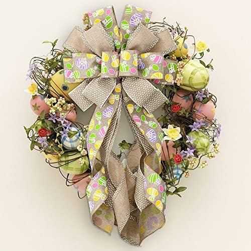 Large Easter Wreath Bows for Front Door, Flaxen Burlap Bows Easter Eggs Bow Holiday Spring Tree Topper Bows for, alternate