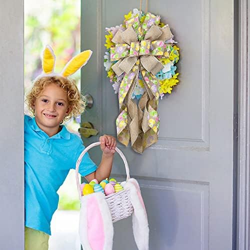 Large Easter Wreath Bows for Front Door, Flaxen Burlap Bows Easter Eggs Bow Holiday Spring Tree Topper Bows for, alternate