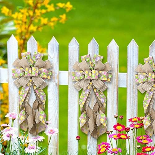 Large Easter Wreath Bows for Front Door, Flaxen Burlap Bows Easter Eggs Bow Holiday Spring Tree Topper Bows for, alternate