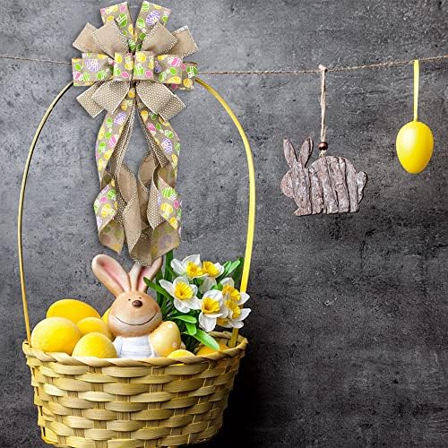 Large Easter Wreath Bows for Front Door, Flaxen Burlap Bows Easter Eggs Bow Holiday Spring Tree Topper Bows for, alternate