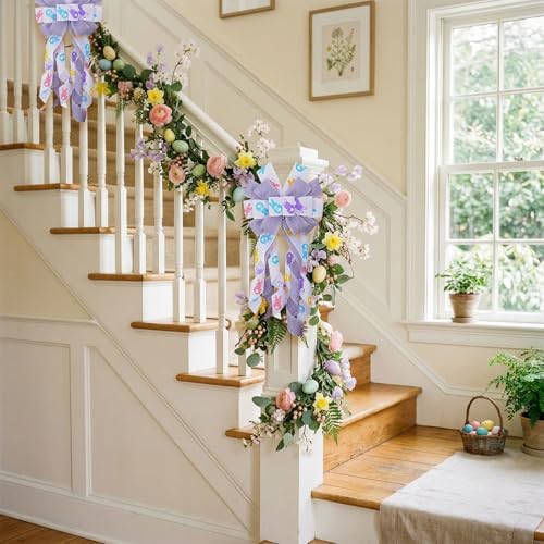 Large Easter Wreath Bows for Front Door, Purple Bunny Burlap Bow Spring Multicolor Tree Topper Bows for Wreath, alternate