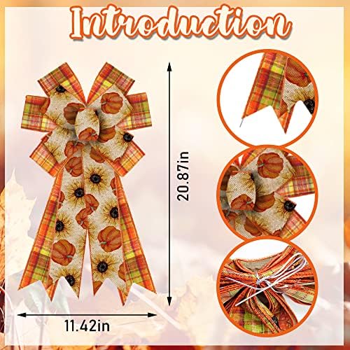 Large Fall Wreath Bows - Thanksgiving Plaid Burlap Bows for Wreaths, Sunflowers, Indoor/Outdoor Decoration, alternate view 2