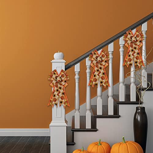 Large Fall Wreath Bows - Thanksgiving Plaid Burlap Bows for Wreaths, Sunflowers, Indoor/Outdoor Decoration, alternate view 4