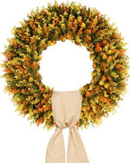 Large Fall Wreaths for Front Door, Fall Wreath 24 Inch, Handmade Boxwood Wreath with Cream Linen Sash