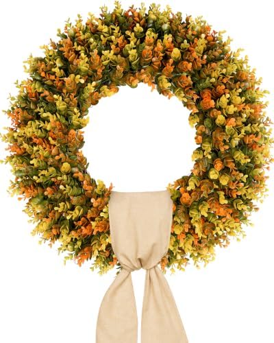 Large Fall Wreaths for Front Door, Fall Wreath 24 Inch, Handmade Boxwood Wreath with Cream Linen Sash