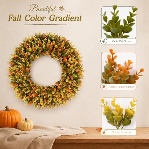 Large Fall Wreaths for Front Door, Fall Wreath 24 Inch, Handmade Boxwood Wreath with Cream Linen Sash, alternate view 3