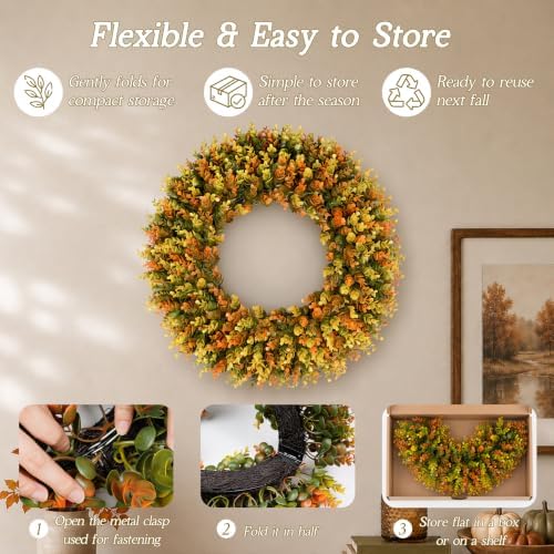 Large Fall Wreaths for Front Door, Fall Wreath 24 Inch, Handmade Boxwood Wreath with Cream Linen Sash, alternate view 4