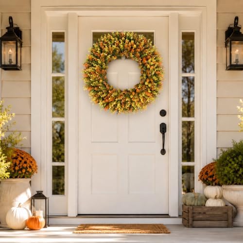 Large Fall Wreaths for Front Door, Fall Wreath 24 Inch, Handmade Boxwood Wreath with Cream Linen Sash, alternate view 6