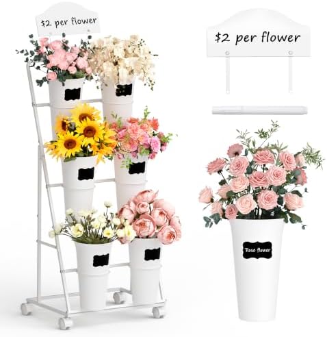 Large Flower Display Stand with 6 Buckets, 3 Tier Bloom Bar Flower Cart with Blackboard and Label Paper for