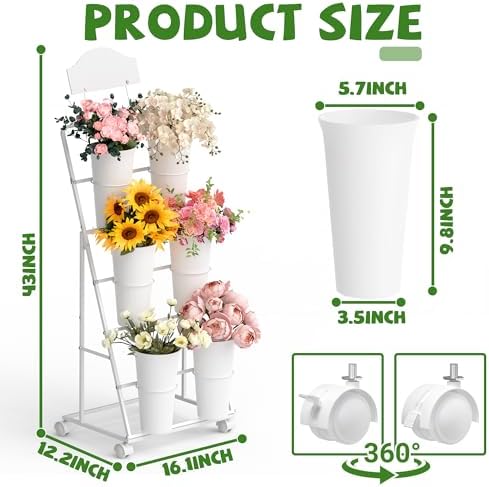 Large Flower Display Stand with 6 Buckets, 3 Tier Bloom Bar Flower Cart with Blackboard and Label Paper for, alternate view 3