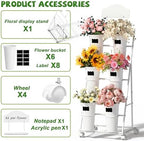 Large Flower Display Stand with 6 Buckets, 3 Tier Bloom Bar Flower Cart with Blackboard and Label Paper for, alternate view 6