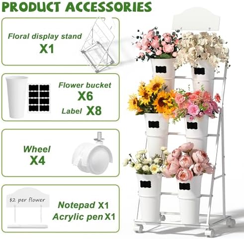 Large Flower Display Stand with 6 Buckets, 3 Tier Bloom Bar Flower Cart with Blackboard and Label Paper for, alternate view 6