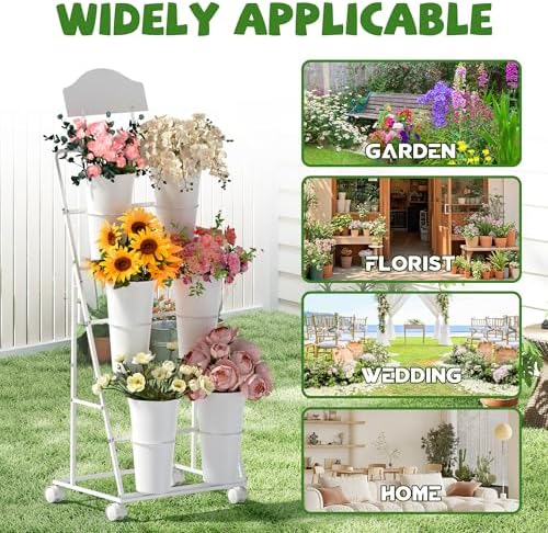 Large Flower Display Stand with 6 Buckets, 3 Tier Bloom Bar Flower Cart with Blackboard and Label Paper for, alternate view 7