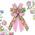 Large Flowers Bows for Wreath, Spring Tulips Wreath Bow Stripes Pink Burlap Farmhouse Craft Bow for Front Door