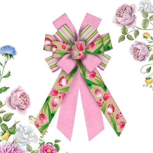 Large Flowers Bows for Wreath, Spring Tulips Wreath Bow Stripes Pink Burlap Farmhouse Craft Bow for Front Door