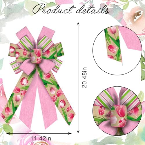 Large Flowers Bows for Wreath, Spring Tulips Wreath Bow Stripes Pink Burlap Farmhouse Craft Bow for Front Door, alternate