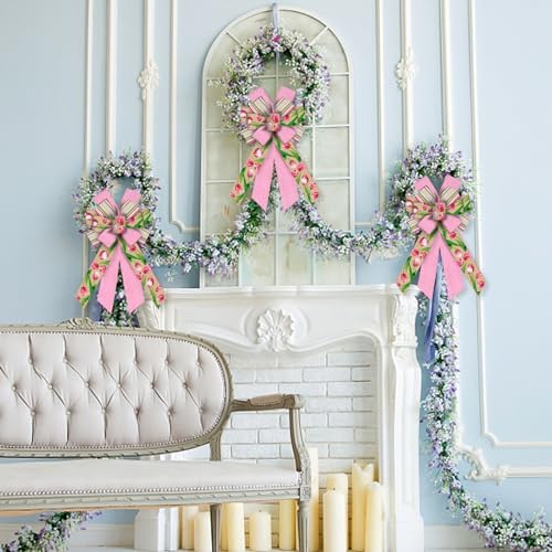 Large Flowers Bows for Wreath, Spring Tulips Wreath Bow Stripes Pink Burlap Farmhouse Craft Bow for Front Door, alternate
