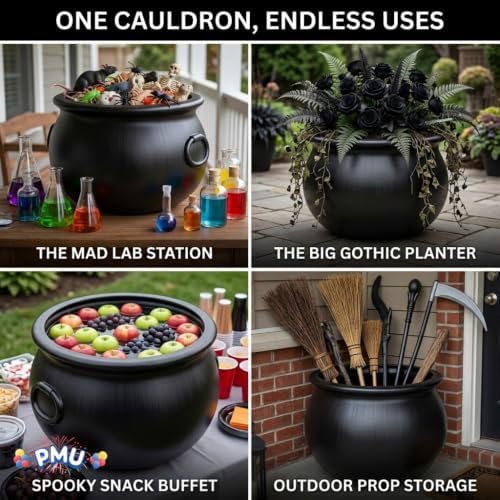 Large Halloween Cauldron 16" Big Witch Plastic Cauldron bowl Black, For Halloween Decor, alternate view 4
