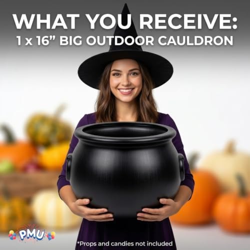 Large Halloween Cauldron 16" Big Witch Plastic Cauldron bowl Black, For Halloween Decor, alternate view 5