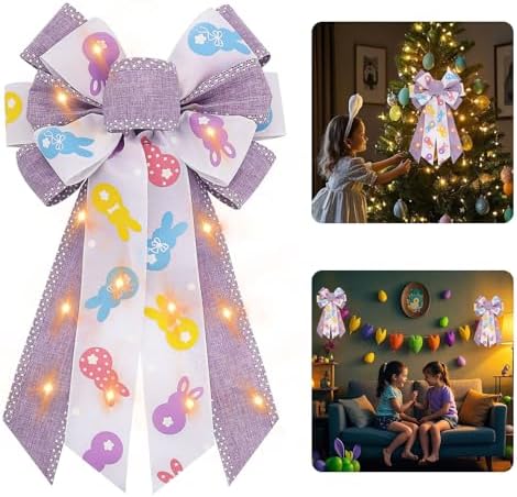 Large LED Easter Bows for Wreath, Easter Bunny LED Wreath Bow White Purple Burlap Bows with LED Lights Farmhouse