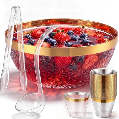 Large Plastic Punch Bowl with 25 Cups and Ladle Tong Gold Trim Clear Punch Bowl Set 1.4 Gallon Reusable Punchs