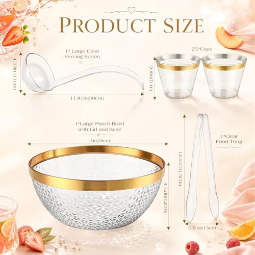 Large Plastic Punch Bowl with 25 Cups and Ladle Tong Gold Trim Clear Punch Bowl Set 1.4 Gallon Reusable Punchs, alternate