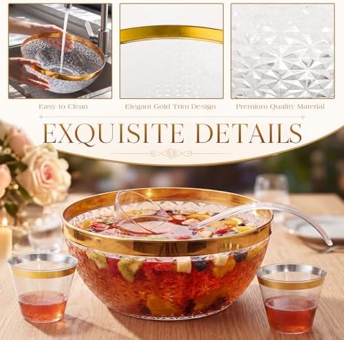 Large Plastic Punch Bowl with 25 Cups and Ladle Tong Gold Trim Clear Punch Bowl Set 1.4 Gallon Reusable Punchs, alternate