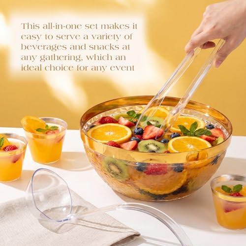Large Plastic Punch Bowl with 25 Cups and Ladle Tong Gold Trim Clear Punch Bowl Set 1.4 Gallon Reusable Punchs, alternate