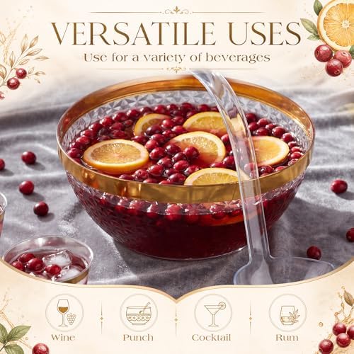 Large Plastic Punch Bowl with 25 Cups and Ladle Tong Gold Trim Clear Punch Bowl Set 1.4 Gallon Reusable Punchs, alternate