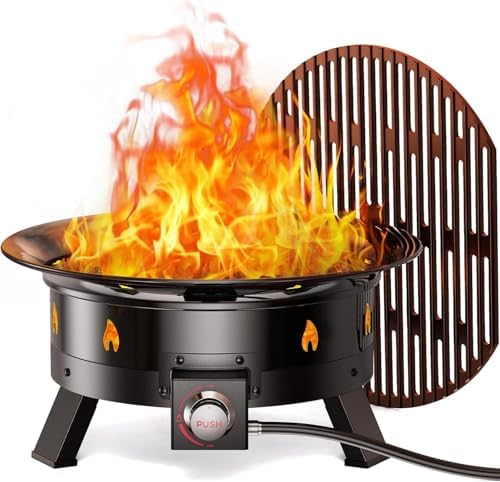 Large Propane Fire Pit 19 Inch, Gas Fire Pit with Grill Grate, Folding Legs, Hose Hooks, Propane Tank Holder