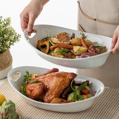 Large Serving Bowl with Handles, Oval Serving Platter Set of 2 in 13.5 x 8.54 x 3.27 inches in White, alternate view 5