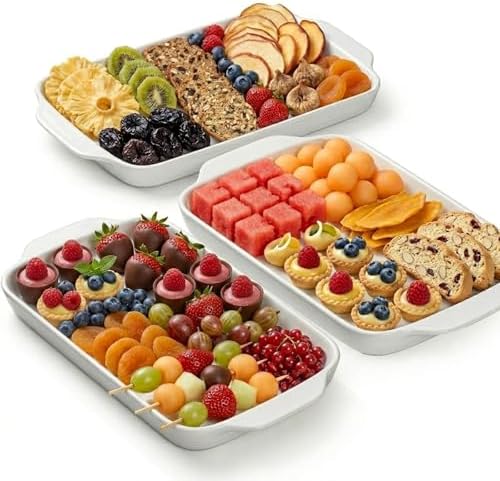 Large Serving Platter with Handles 16"x9" - White Porcelain Serving Trays Set of 3, Rectangular Platters for