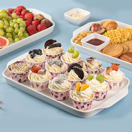 Large Serving Platter with Handles 16"x9" - White Porcelain Serving Trays Set of 3, Rectangular Platters for, alternate view