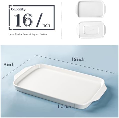 Large Serving Platter with Handles 16"x9" - White Porcelain Serving Trays Set of 3, Rectangular Platters for, alternate view