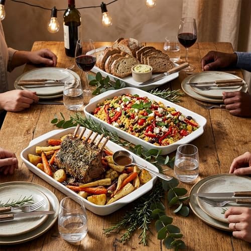 Large Serving Platter with Handles 16"x9" - White Porcelain Serving Trays Set of 3, Rectangular Platters for, alternate view