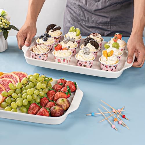 Large Serving Platter with Handles 16"x9" - White Porcelain Serving Trays Set of 3, Rectangular Platters for, alternate view