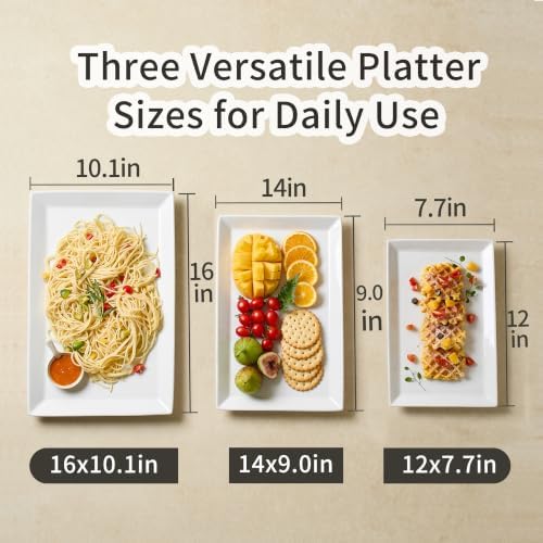 Large Serving Platters, 16/14/12 Inch White Serving Trays Set, Rectangular Porcelain Plates for Party, Wedding, alternate