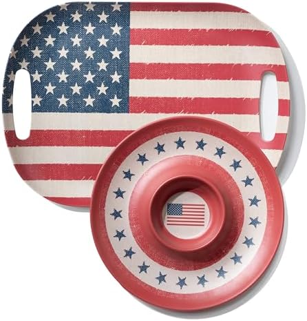 Large Serving Trays with Handle Set of 2 Sizes American Flag Design in Red/White/Blue
