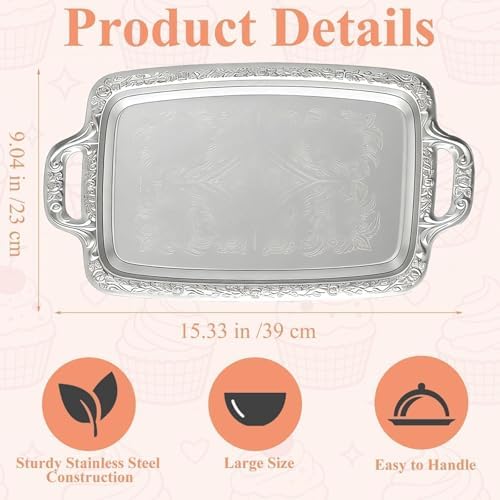 Large Silver Serving Tray for Party, Floral Engraved Serving Platters in Silver, alternate view 2
