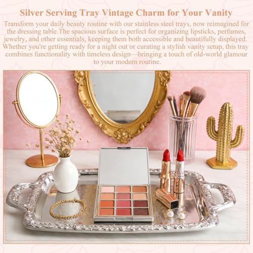 Large Silver Serving Tray for Party, Floral Engraved Serving Platters in Silver, alternate view 6