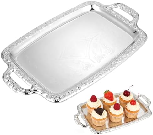 Large Silver Serving Tray for Party, Floral Engraved Serving Platters in Silver, alternate view 7